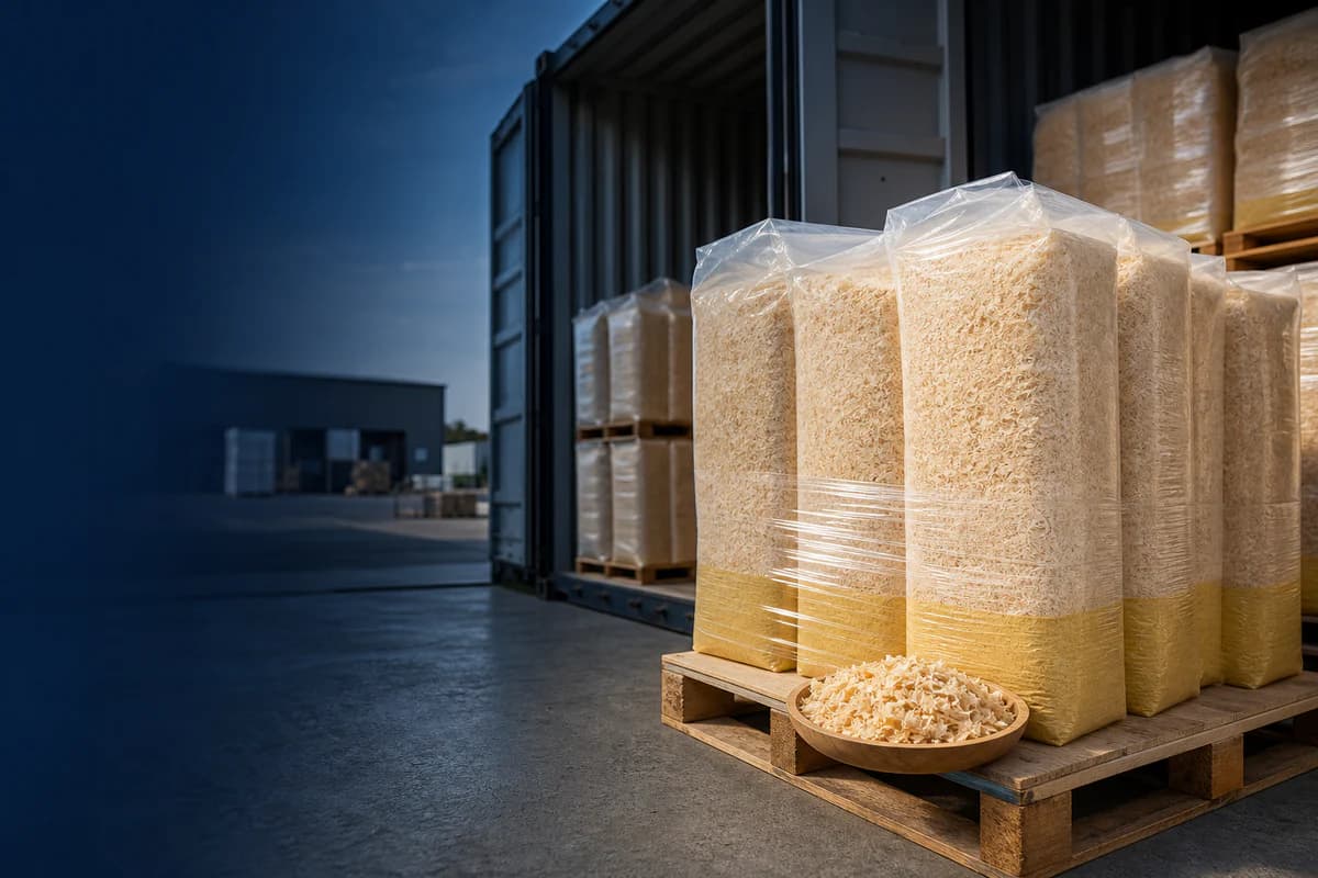 Generated global sourcing scene with export-ready wood shaving pallets at a loading dock