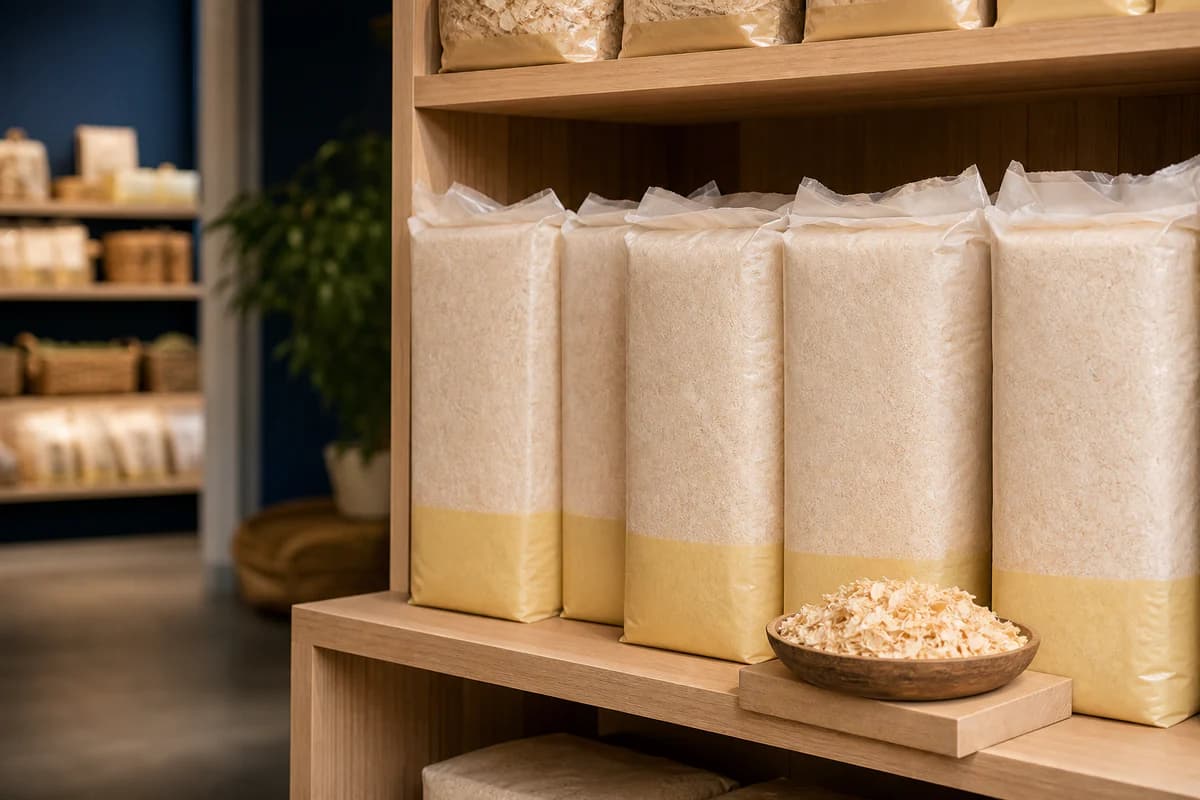 Generated retail shelf display with compressed wood shaving bags and a natural bedding sample