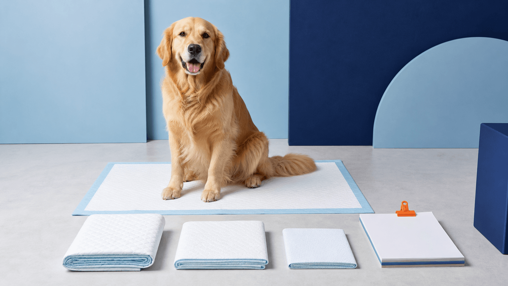 Golden retriever with a range of unbranded dog pee pad samples