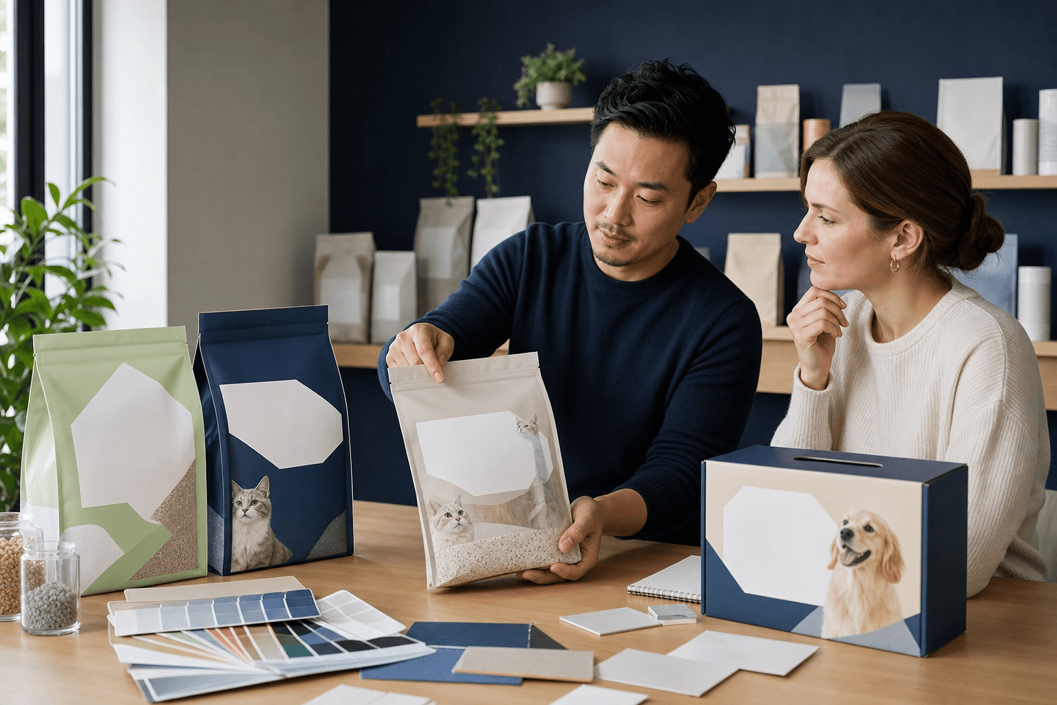Pet brand team developing private label packaging for cat litter and pet care products