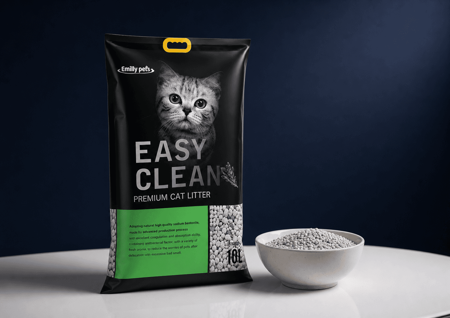 Premium bentonite packaging with granule sample